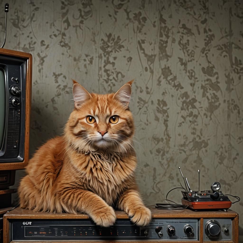 Orange Cat on Vintage TV in Photorealistic Style