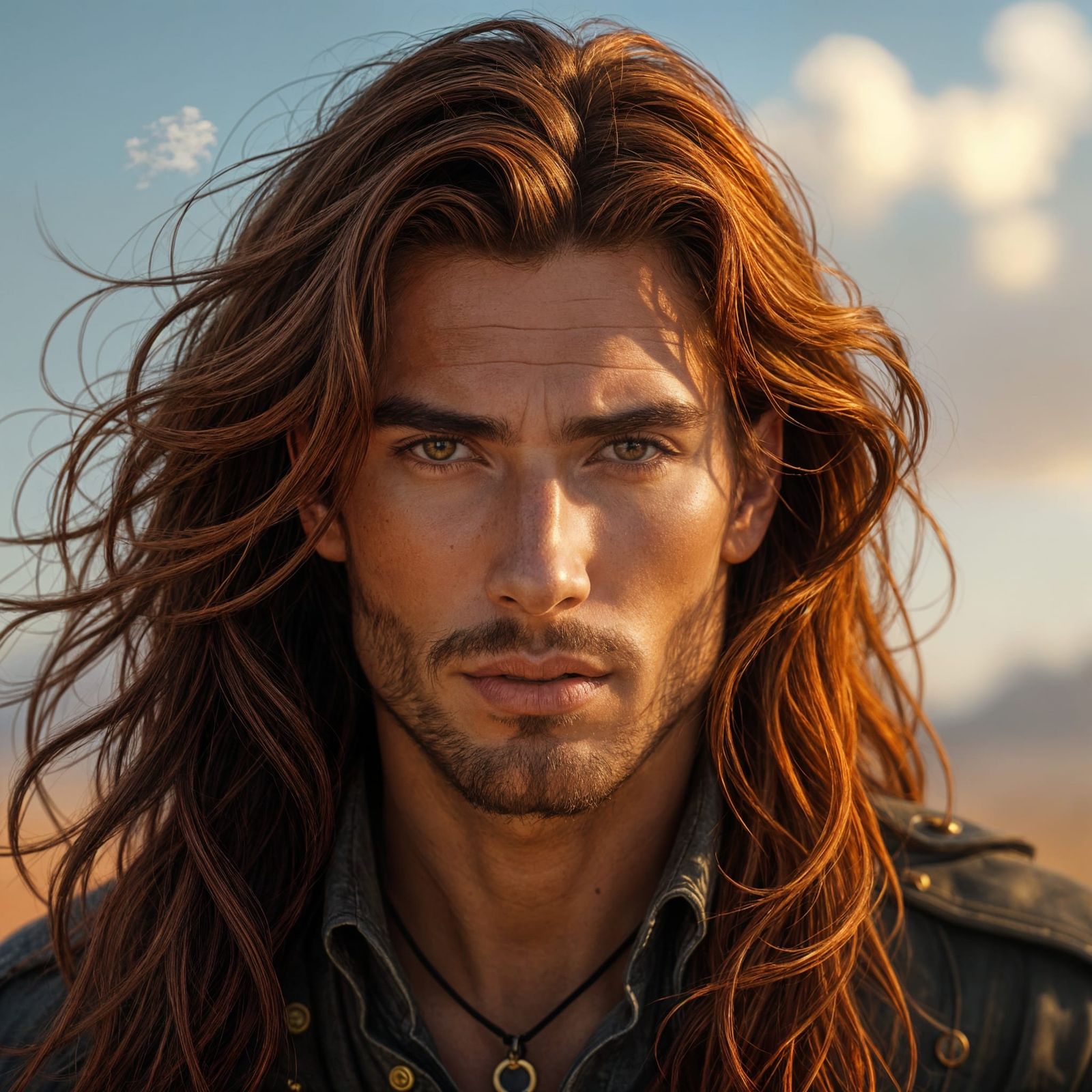 Man with Red Hair and Gold Flecked Eyes in Dramatic Light