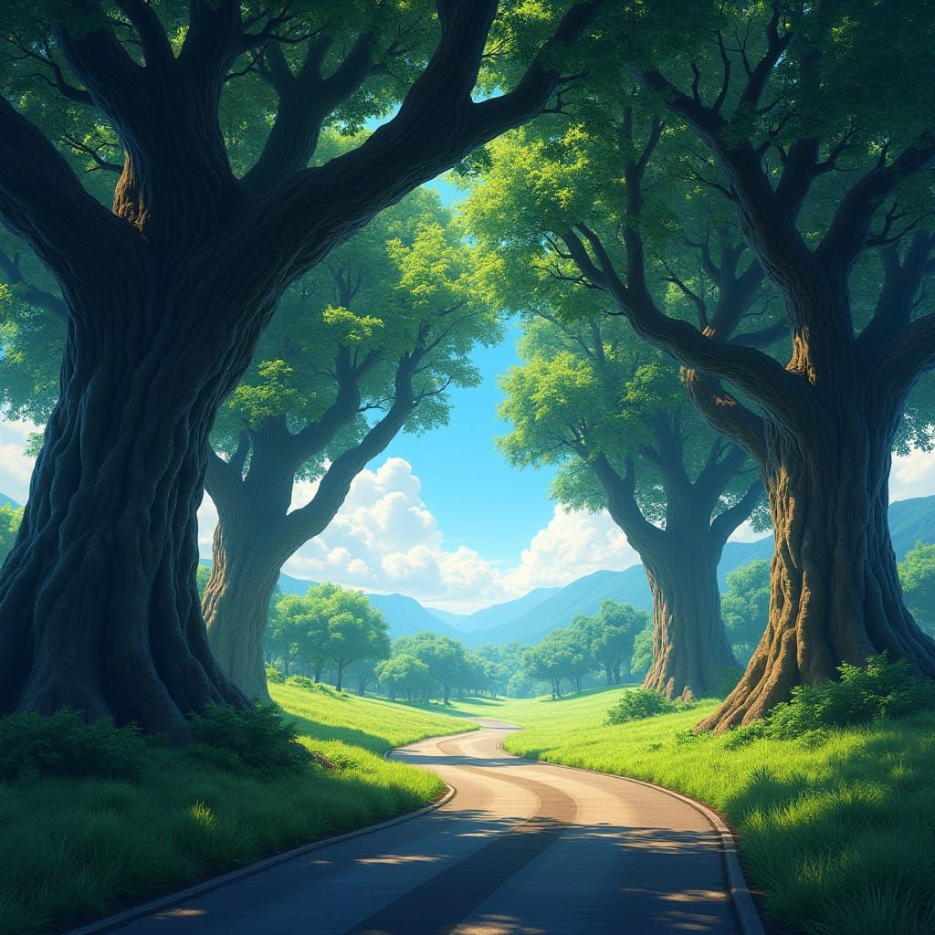 Majestic Road Amidst Ancient Trees in a Vibrant Emerald Land...