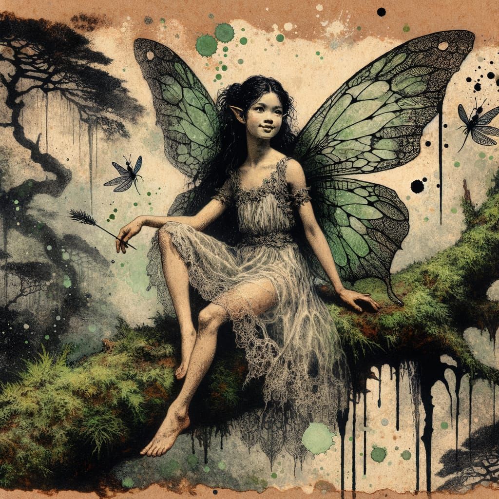 Enchanting Moss Faerie in Etching Style on Burnt Parchment
