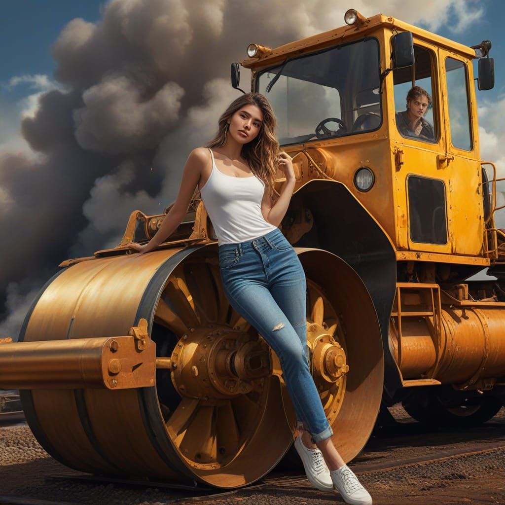 Girl Posing Near Steam Roller in Digital Art