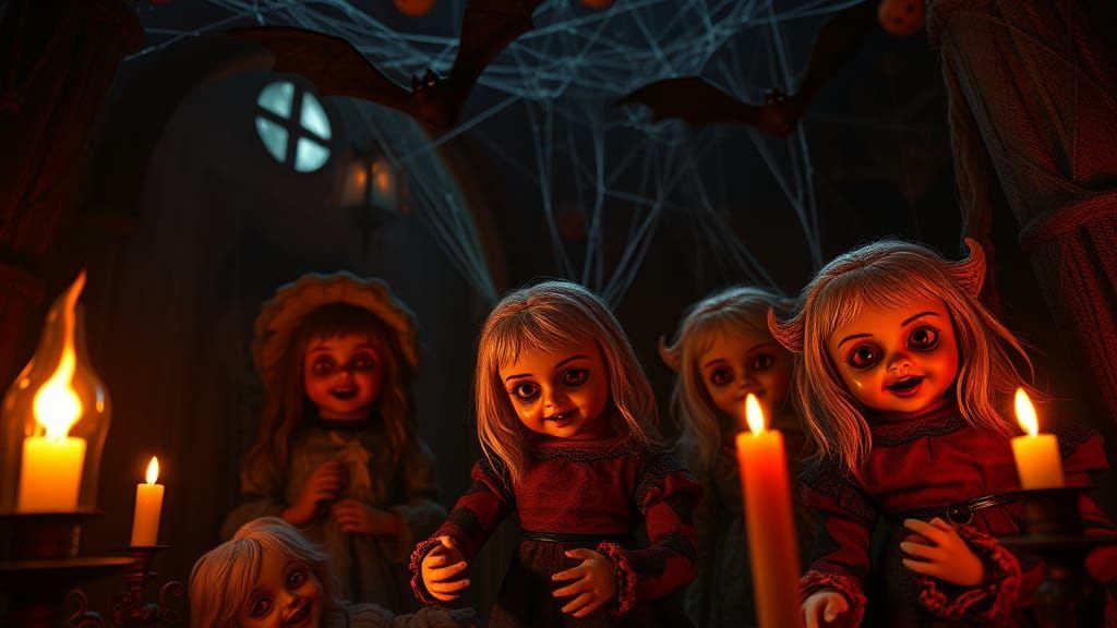 Creepy Halloween Scene with Ghosts and Dolls