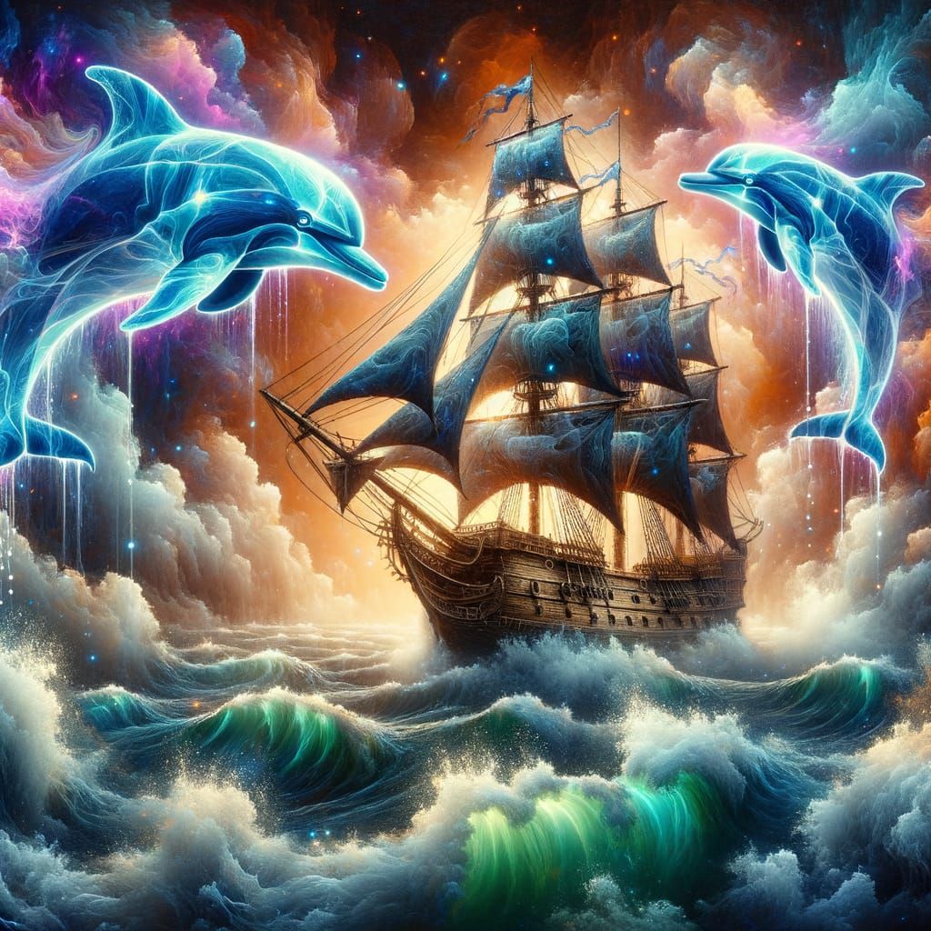 Galleon in Dreamlike Fantasy with Glowing Dolphins
