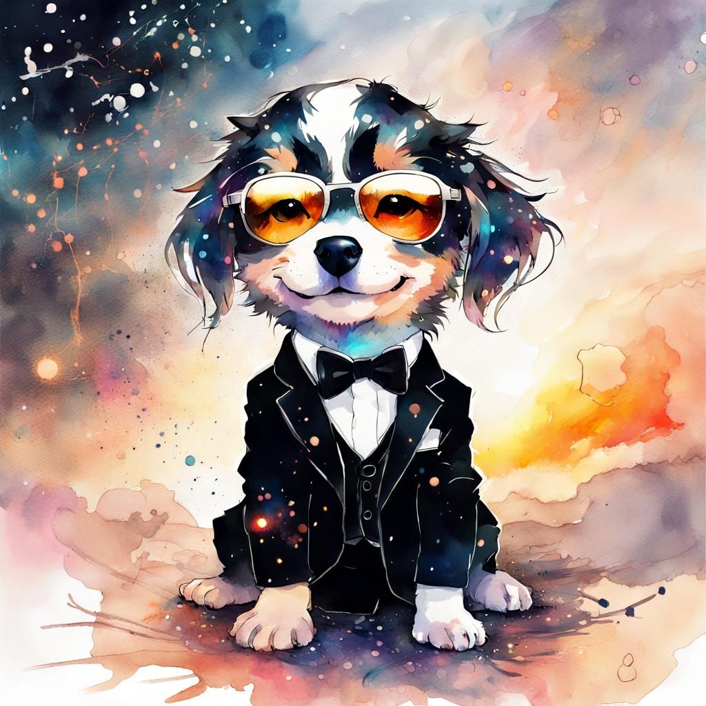 Cute Puppy in Black Suit in Space: Watercolor Art