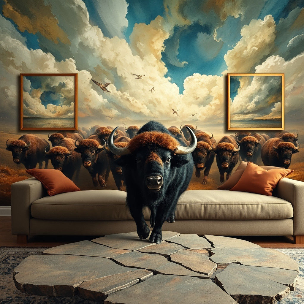 Surreal Buffalo Stampede in Turner-esque Style