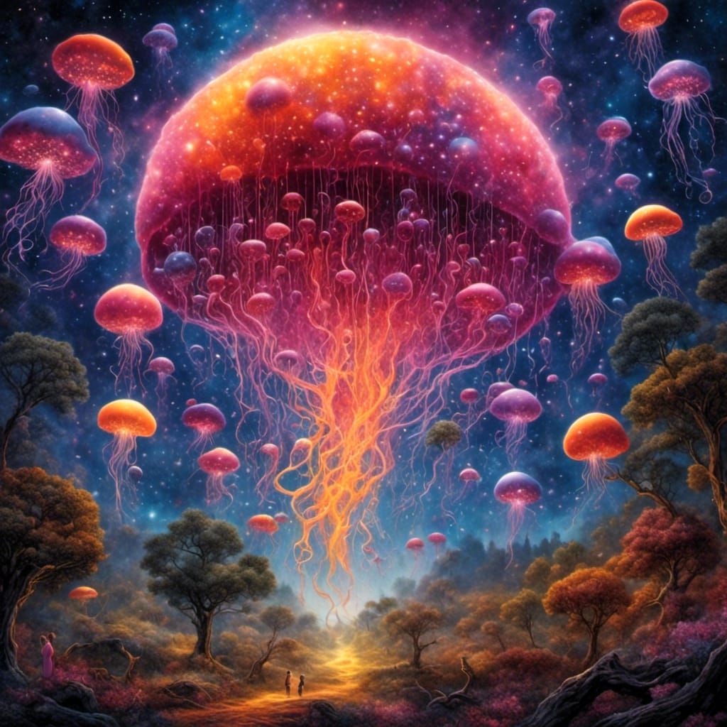 Surreal Jellyfish Optical Illusion with Stars and Nebulae