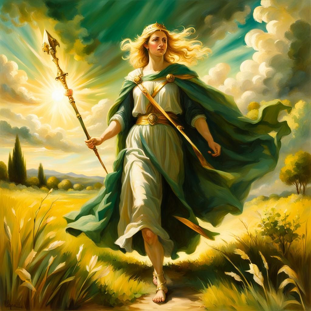 Pallas Athena through the field with her crosier