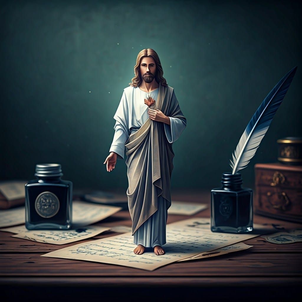 Serene Origami Jesus in Whimsical Stationery Backdrop