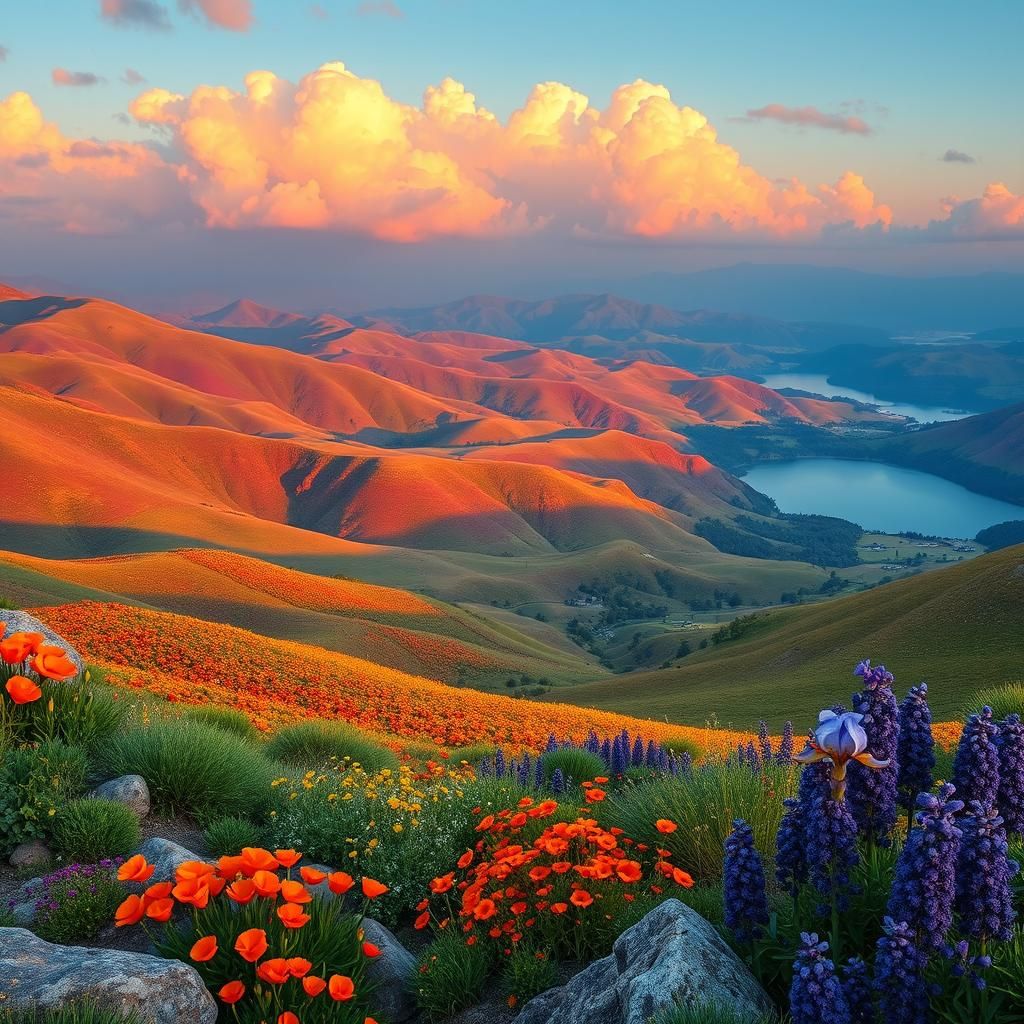 Rainbow Infused Panoramic Landscape, Dreamlike Vista