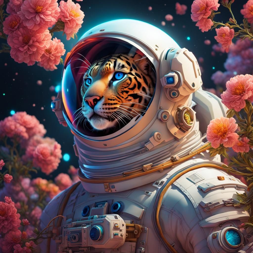 Astronaut Panther in Sideral Floral Scene