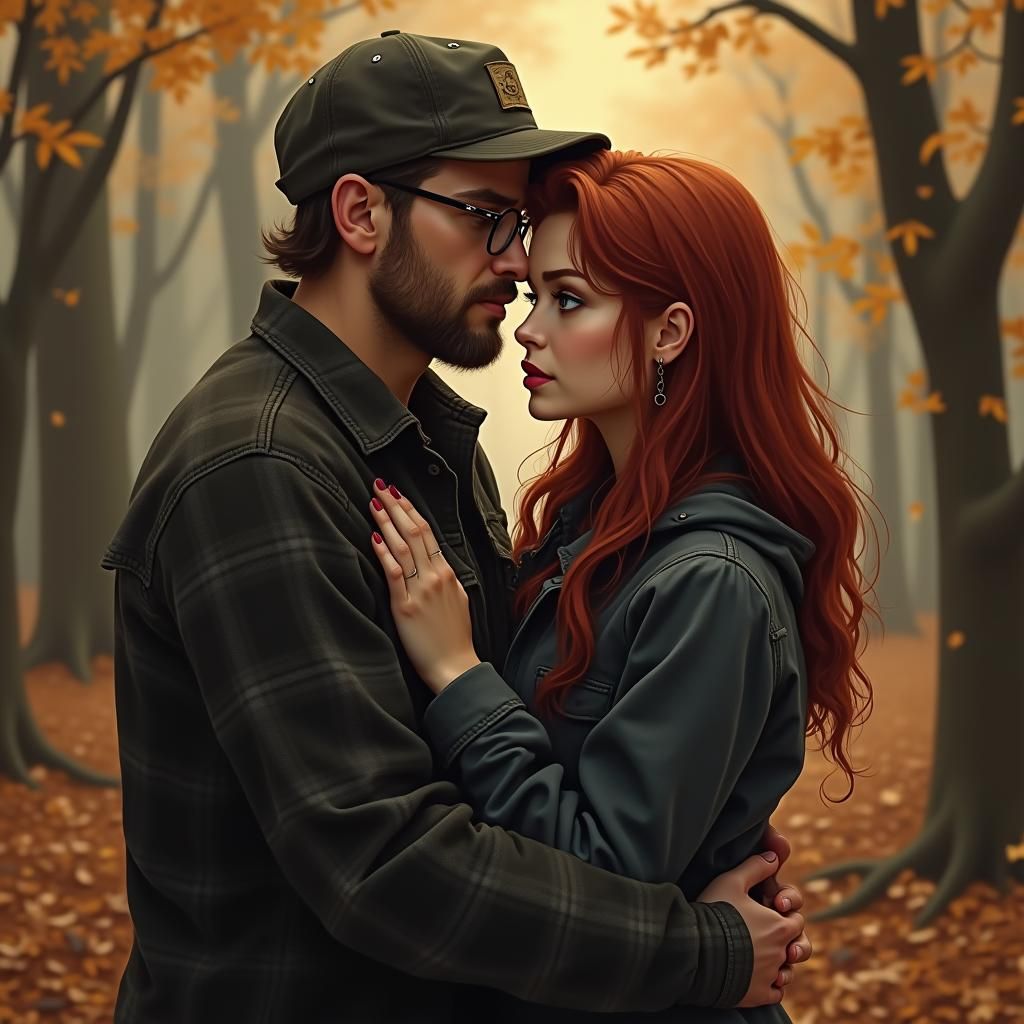Intimate Autumnal Embrace: Man and Mystical Woman