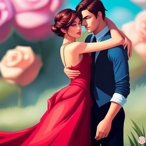 Romantic Couple Embrace in Rose Field, Digital Art
