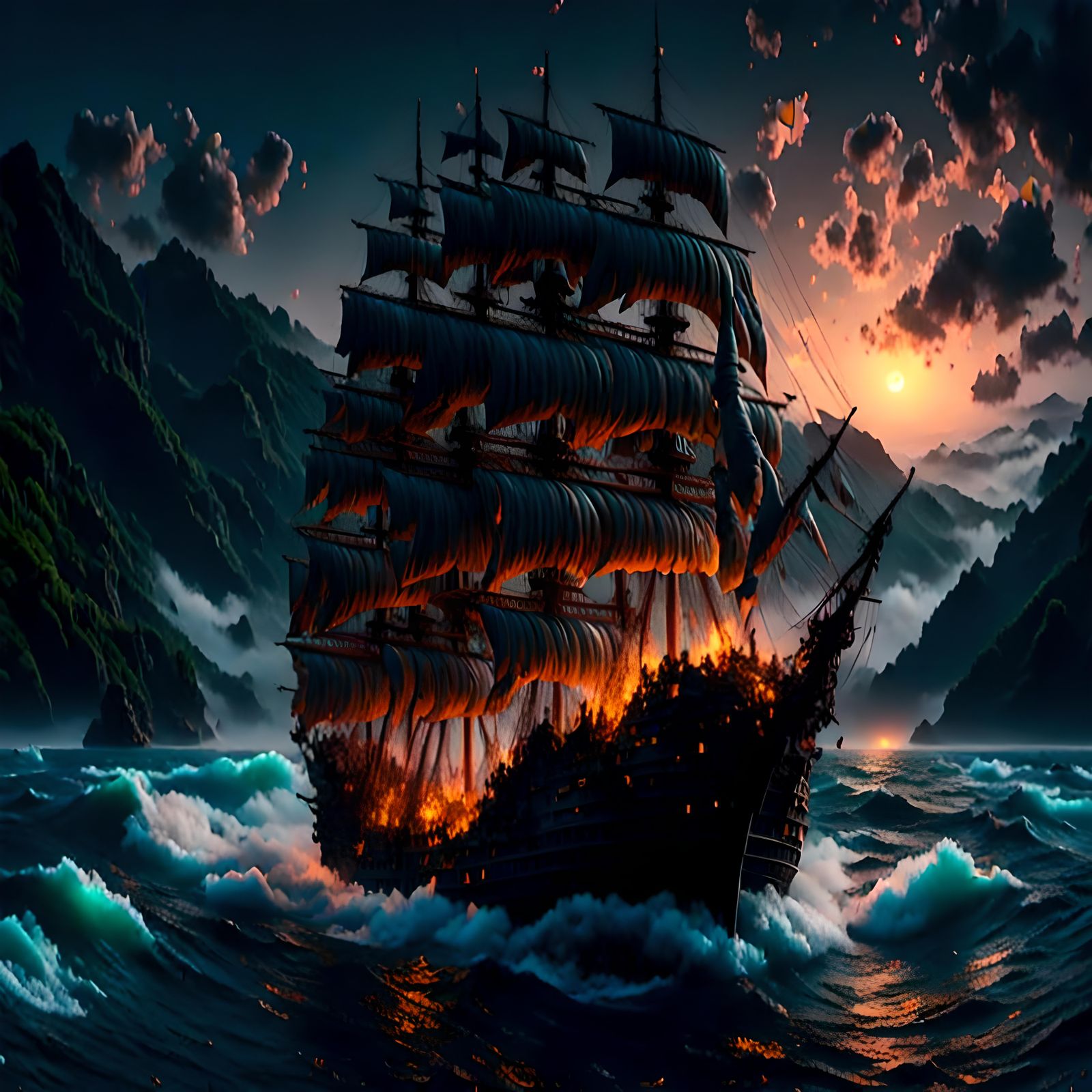 Majestic Tall Ships Sailing in Dark Ambiance
