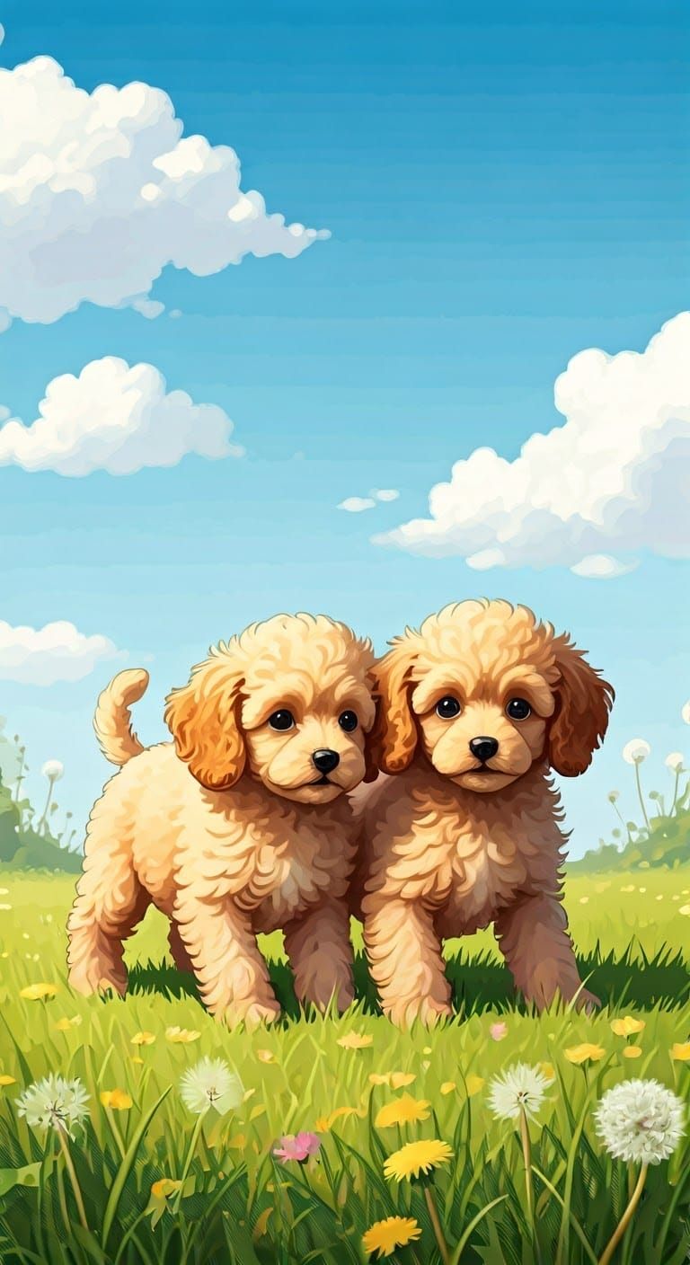 Whimsical Light Brown Toy Poodles in a Lush Green Meadow