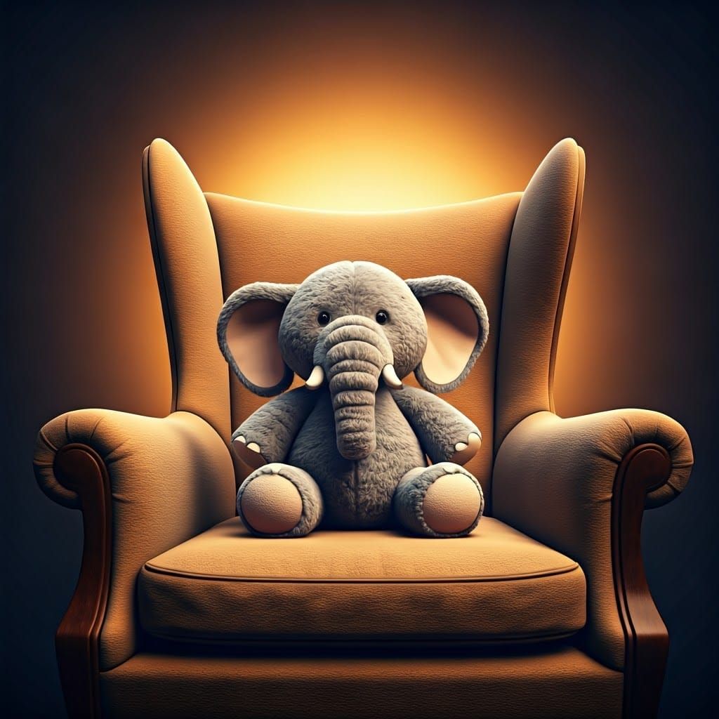 Plush Elephant Toy in Cozy Living Room, 3D Render