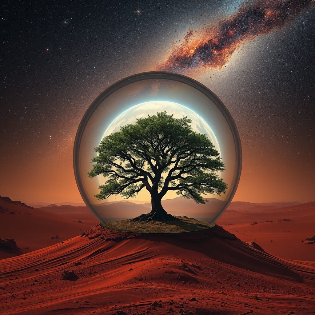 Surreal Mars Landscape with Burning Earth and Celestial Gala...