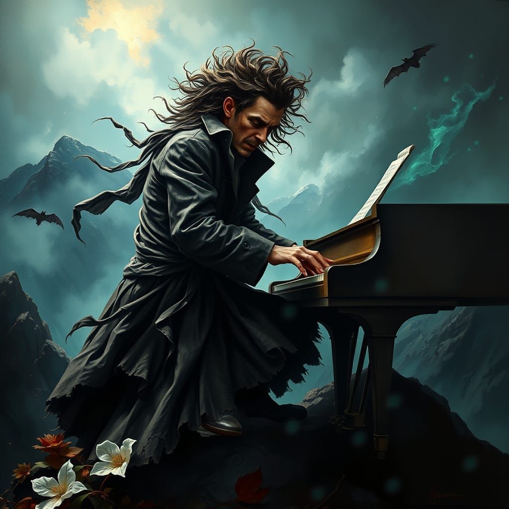 Ethereal Musician on Mountain Peak, in Baroque Style