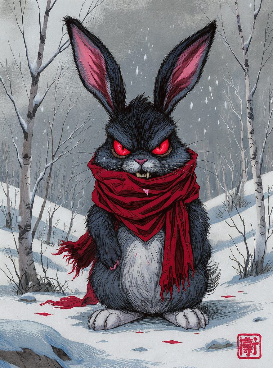 Menacing Rabbit in Snowy Landscape in Dark Whimsical Style
