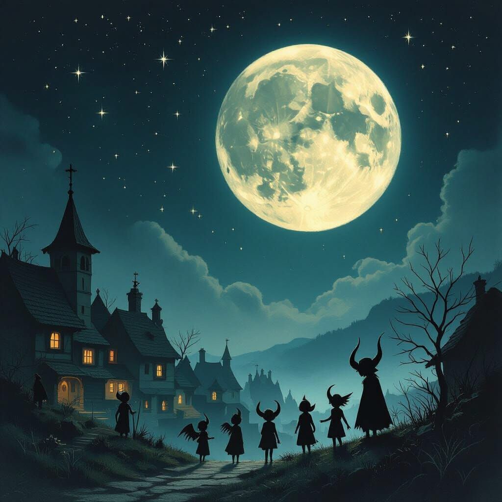 Dark Fantasy Children Play Under Sinister Moon