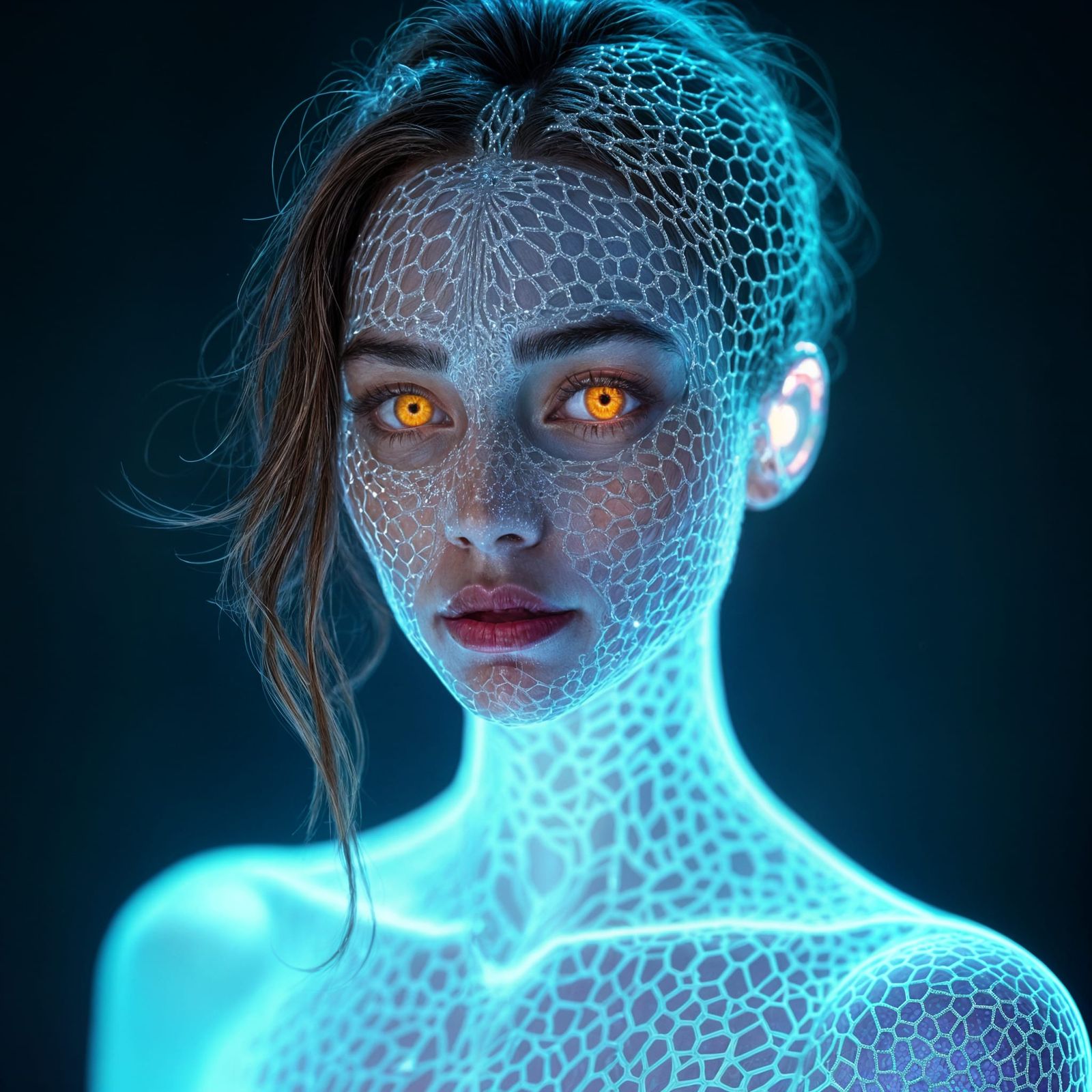 Holographic Woman with Honeycomb Pattern in Digital Space