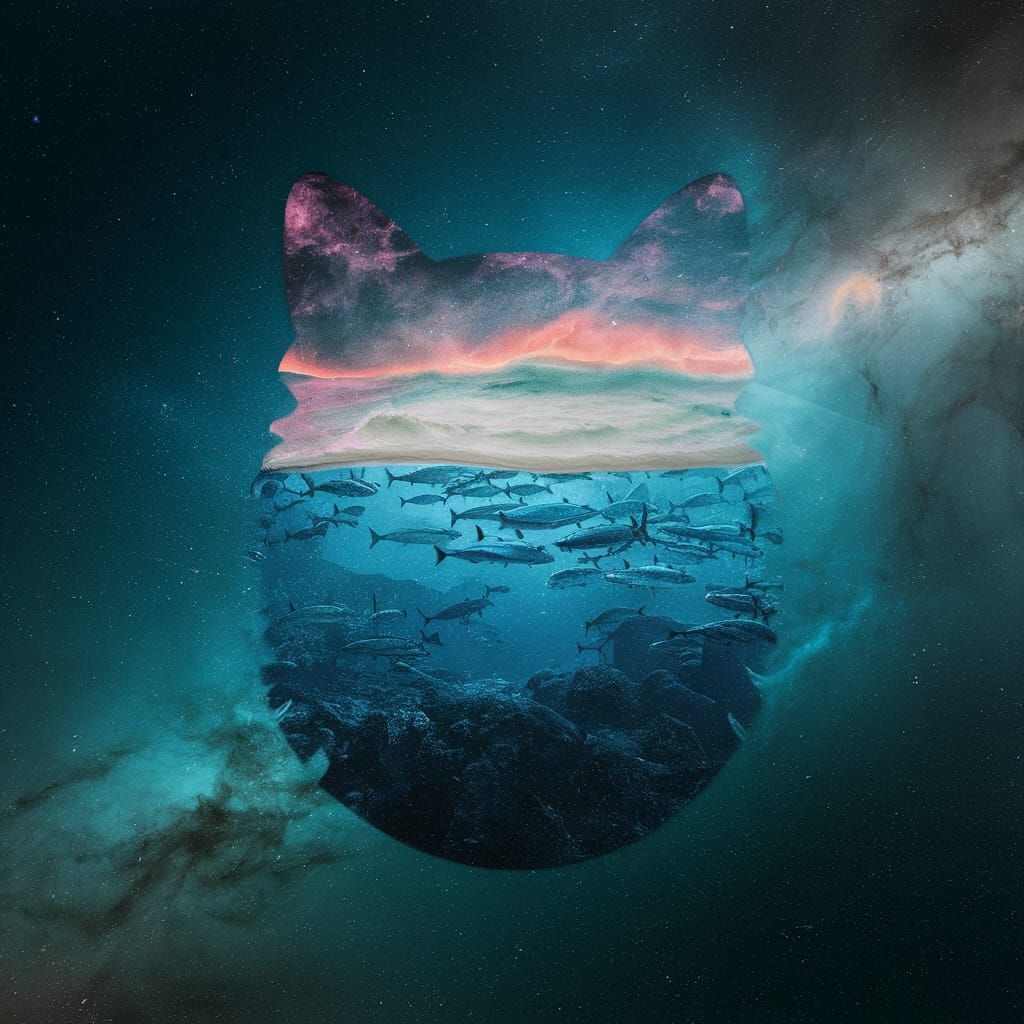Cat Silhouette Double Exposure: Ocean and Galaxy