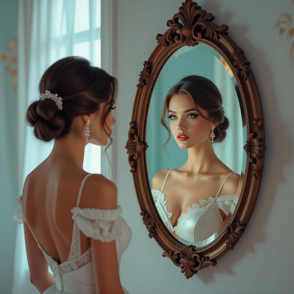 A beutiful female looking at a distorted image of herself in a mirror