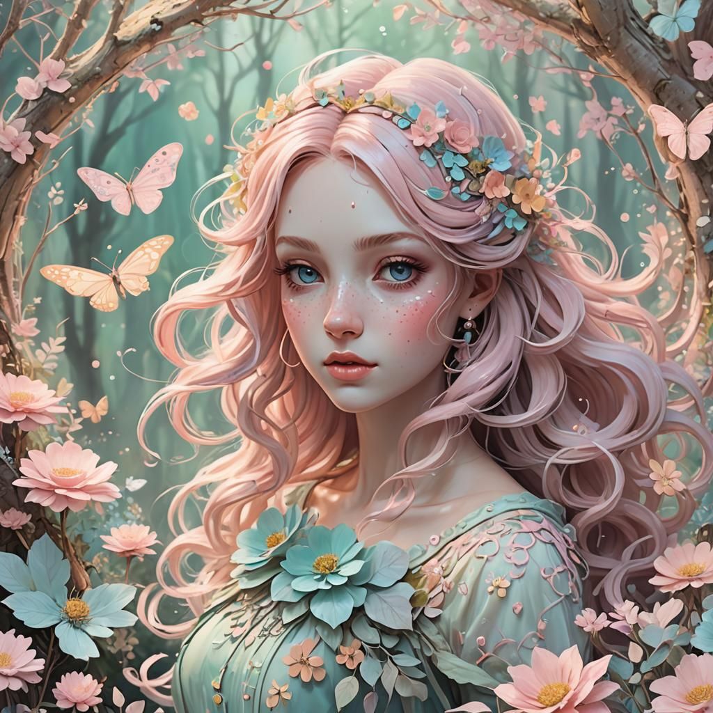 Pastel Fairygirl in Shabby Chic Woodland Scene