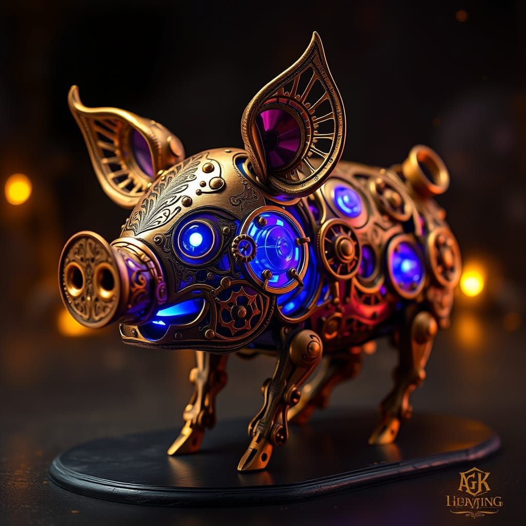 Steampunk Automaton Pig in Copper and Blue