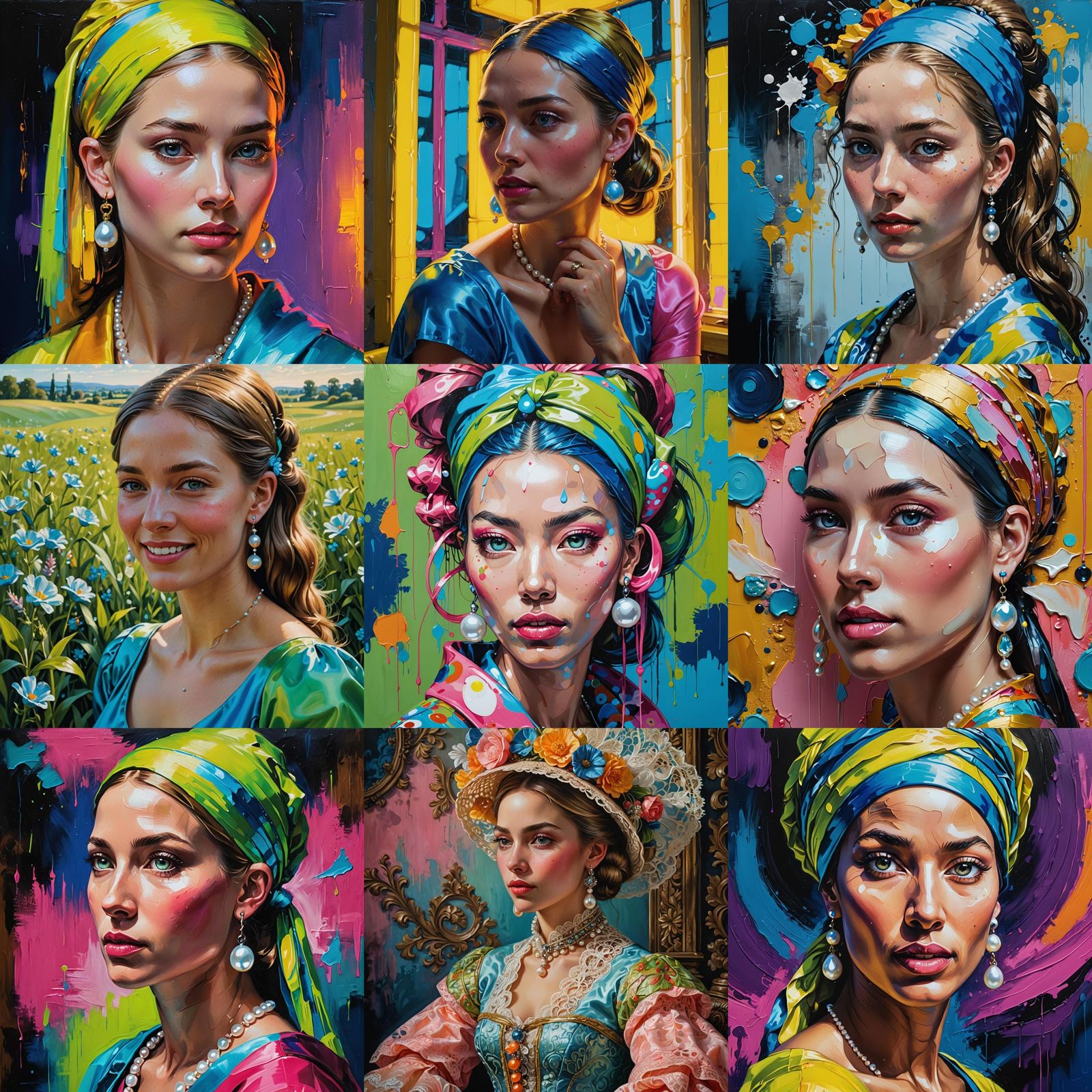 Neon Girl with Pearl Earring: Detailed Oil Painting