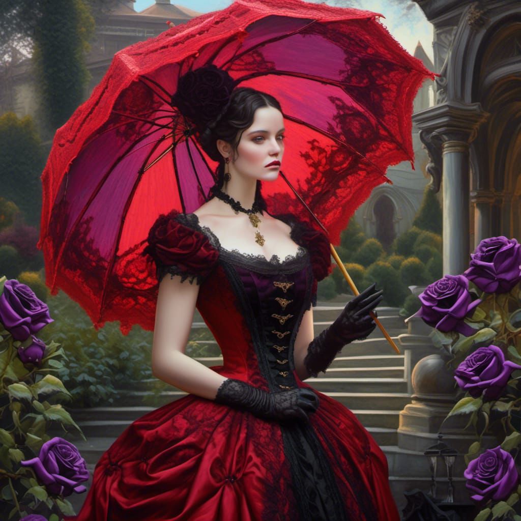 Gothic Vampire in Victorian Garden, Hyperrealistic Oil Paint...