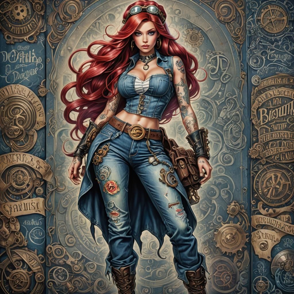 Steampunk Ariel in Psychedelic Tattoo Art Style