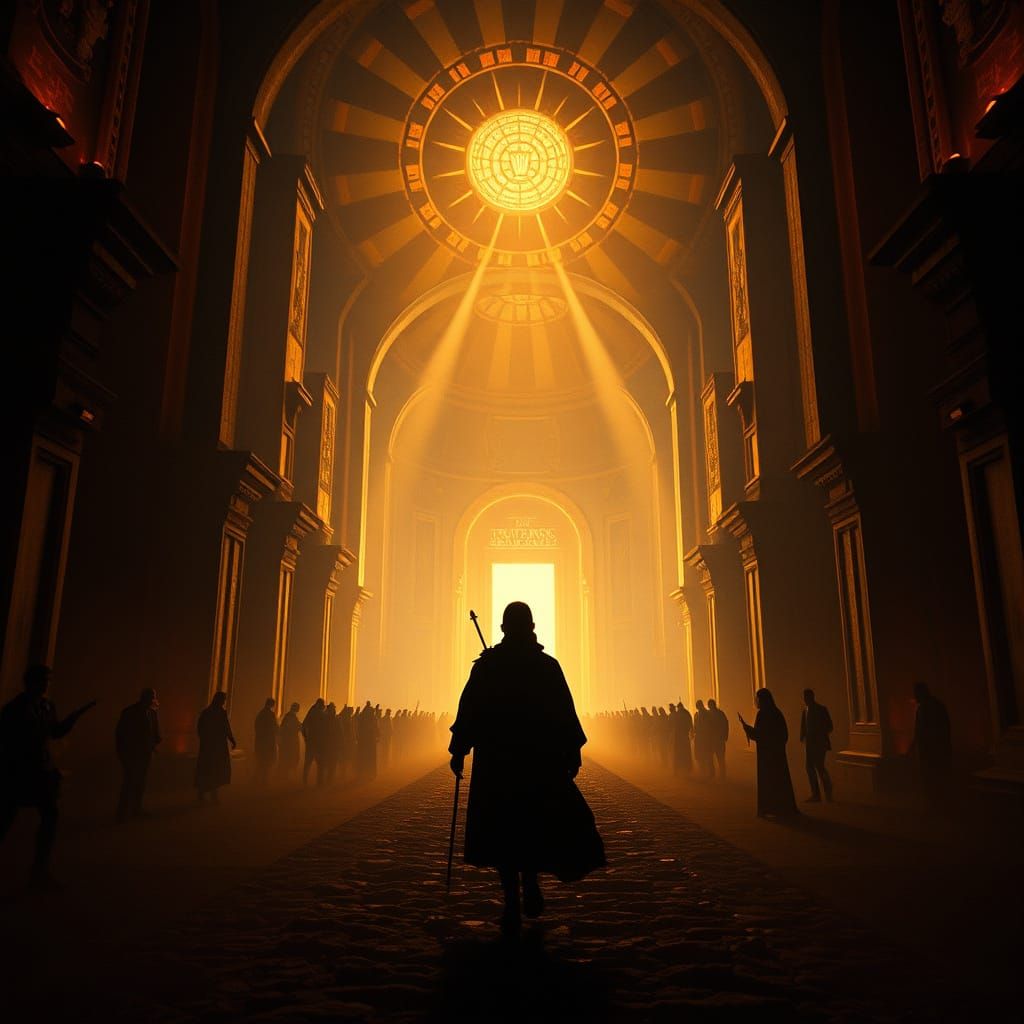 Heroic Journey Through Radiant Citadel in 35mm Film Style