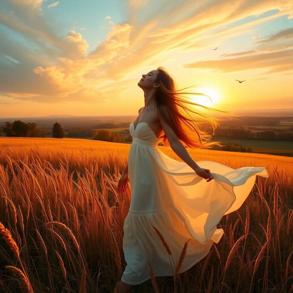 Woman Embracing Wind in Golden Landscape