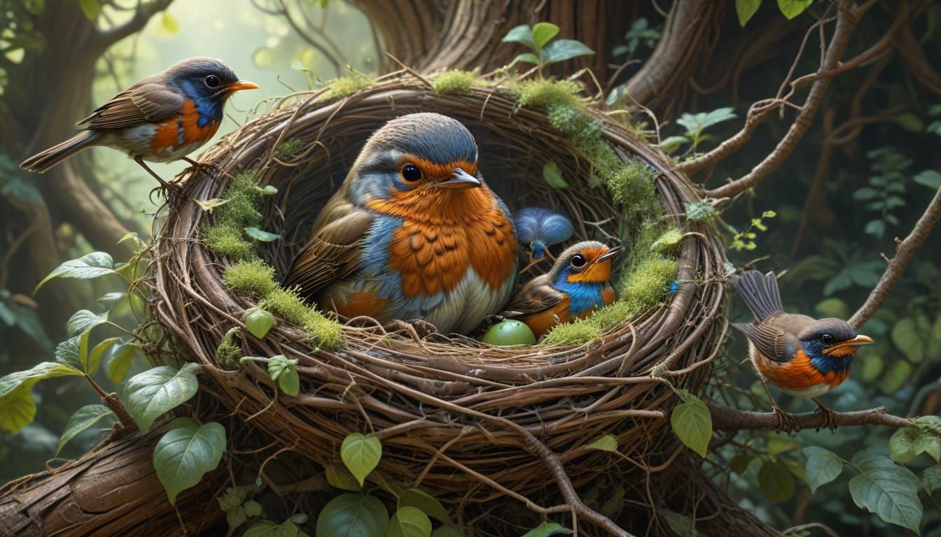 Cartoon Robin Family: Hyperrealistic Fantasy Illustration