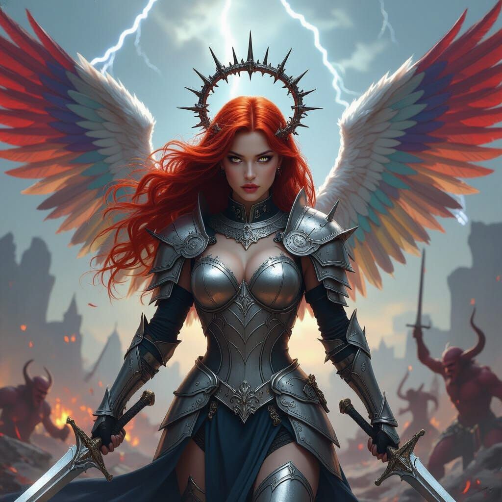 Angel Warrior in Silver Armor with Multi-Color Wings