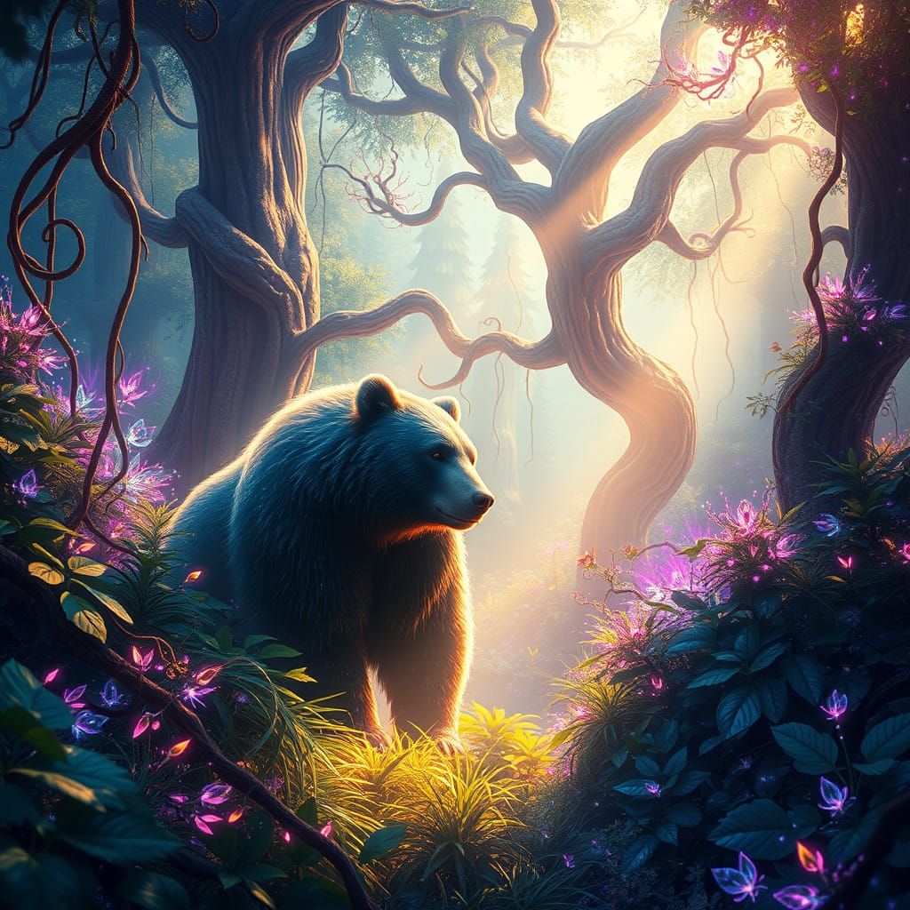 Mystical Bear in Vibrant Dreamscape Forest