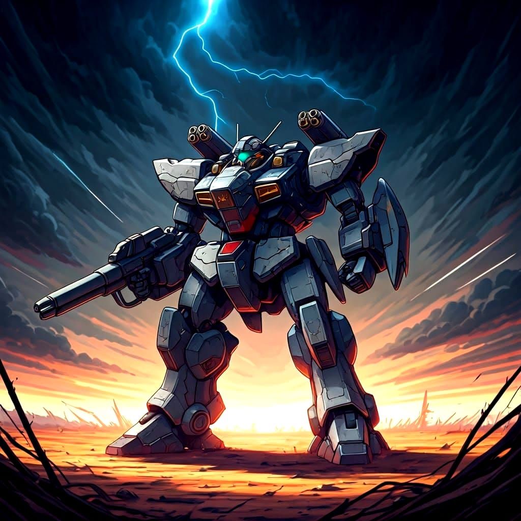 Anime Mecha Robot in Stormy Barren Landscape