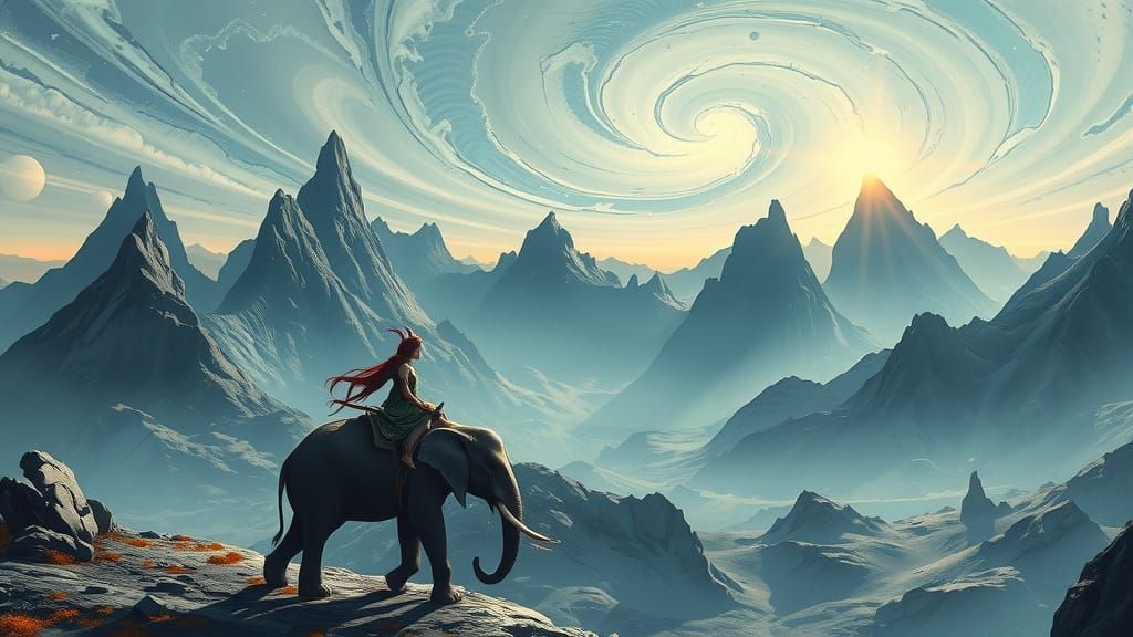 Elf Wanderer on Elephant in Alien Mountains