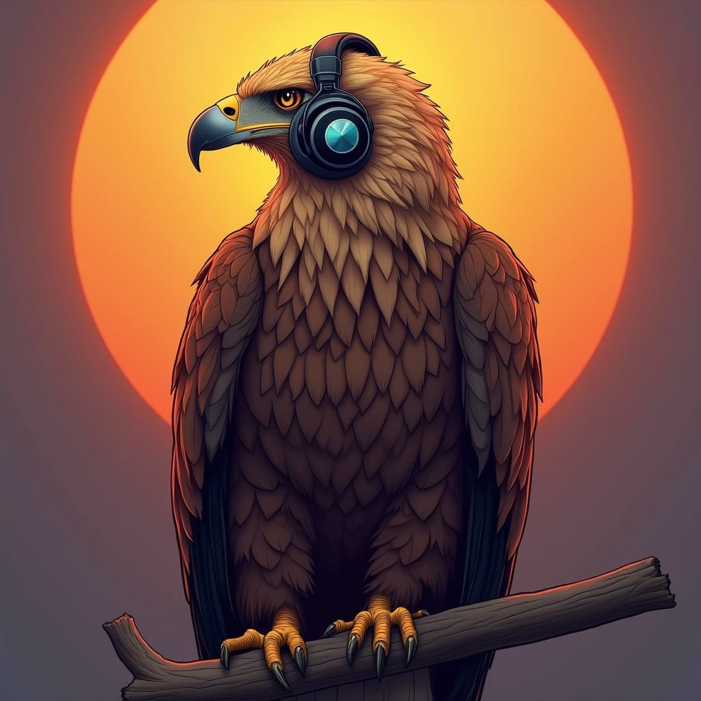 Golden Eagle with Headphones in Digital Art Style