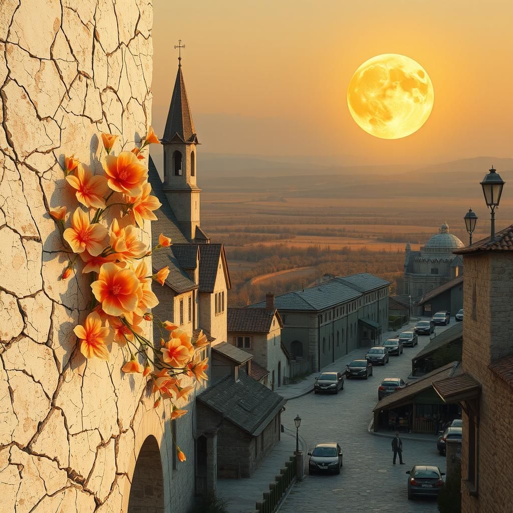 Surreal Moonlit Village with Abstract Flowers