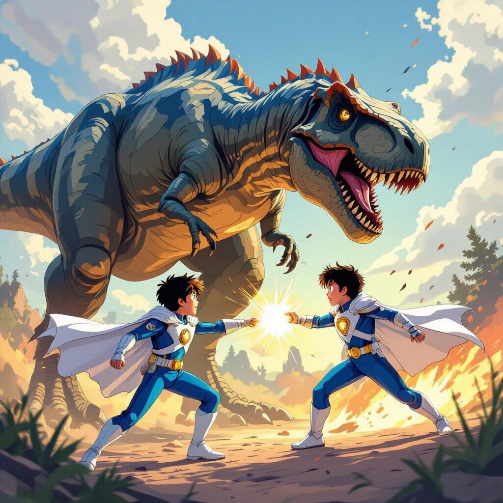 Superhero Boy Battles T-Rex in Manga Style