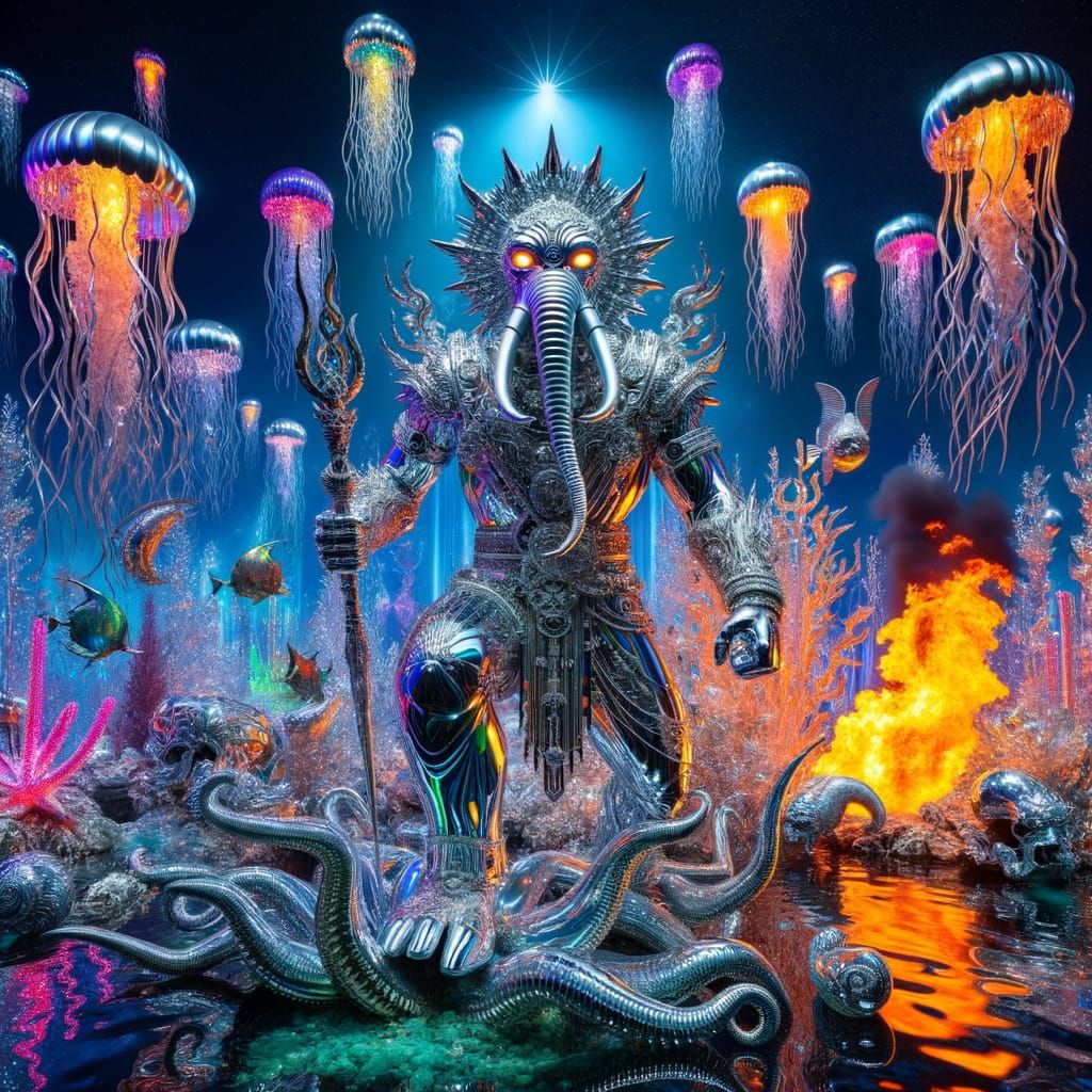 Chrome Warlord God Meditating Underwater