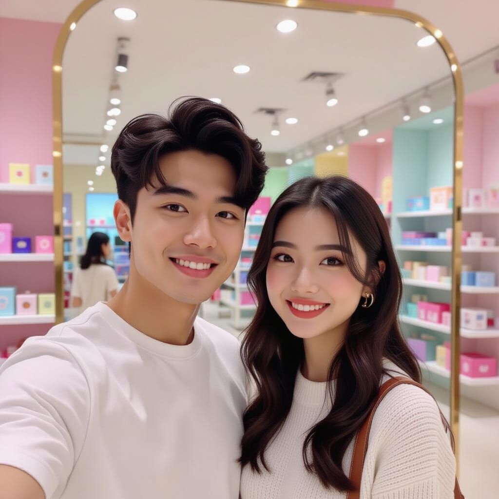 Couple Posing in Colorful Store, Realistic iPhone Photo