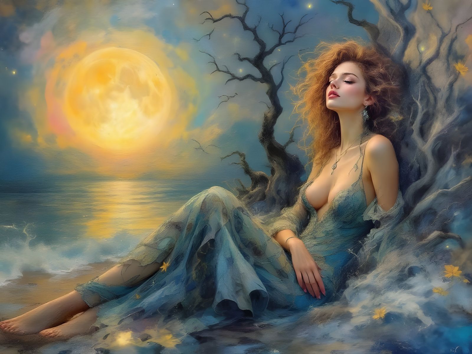 Ethereal Bohemian Woman Under Radiant Moonlight