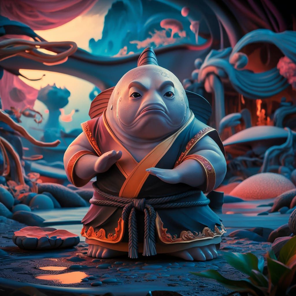 Blobfish Shaolin Monk in Ethereal Landscape