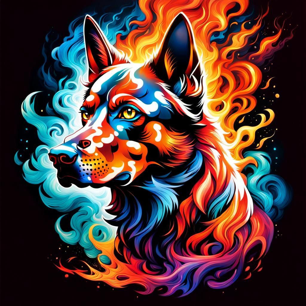 Fiery Canine Head in a Dreamscape