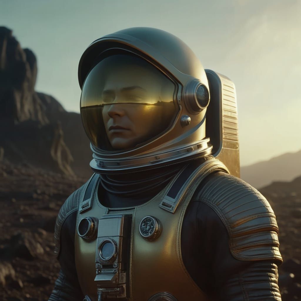 Astronaut on Distant Planet in Film Noir Style
