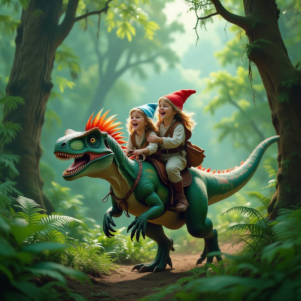 Gnome Children Ride Velociraptor in Art Nouveau Forest