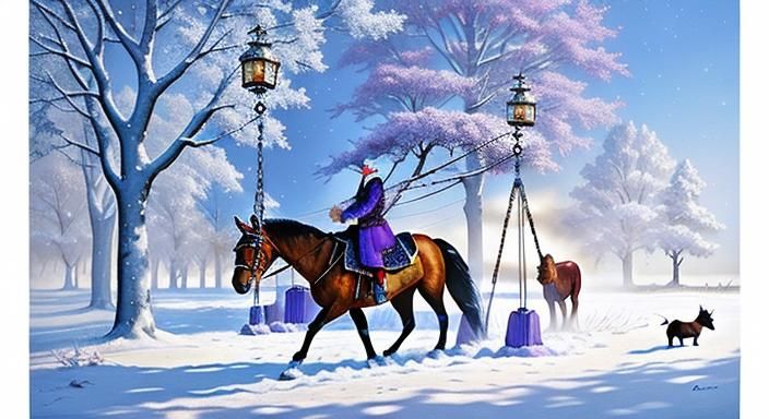 Winter Lady Swinging: Oil Painting with Vivid Colors