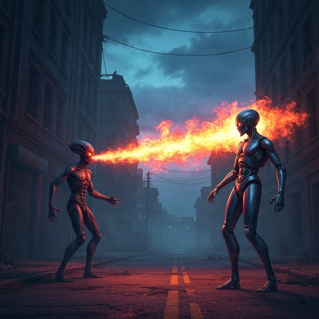 Alien Spits Fire at Robot in Dark Street Concept Art